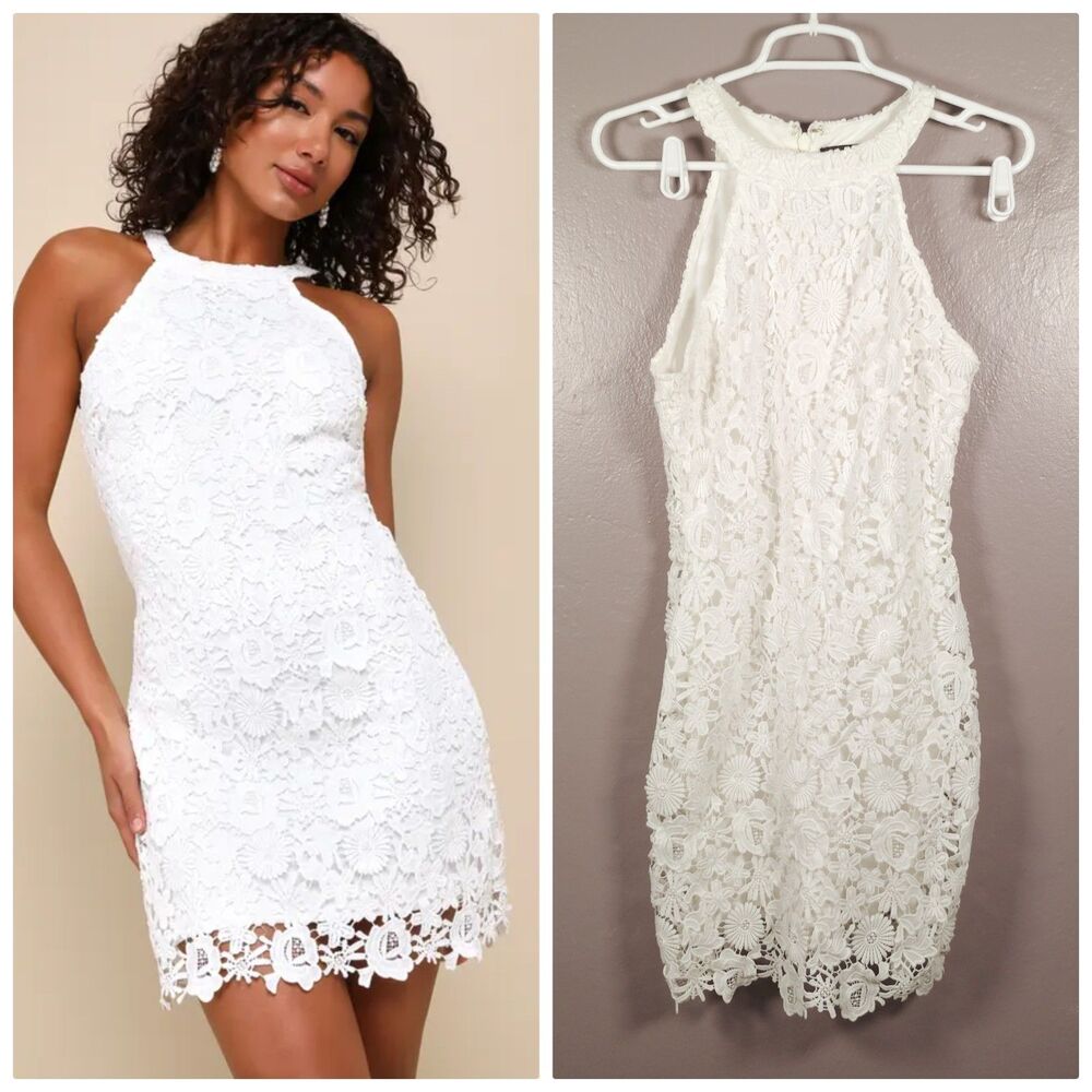 LULUS Sheath Mini Dress Love Poem Crochet Floral Lace White Halter Size S